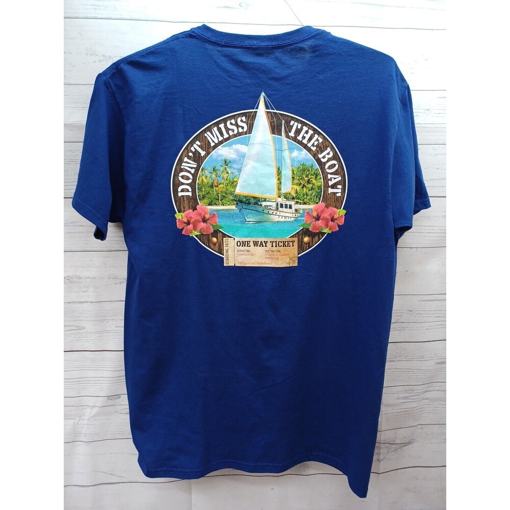 Vtg Blue T-Shirt Don't Miss the Boat Hibiscus Tropical Island Paradise Sz M